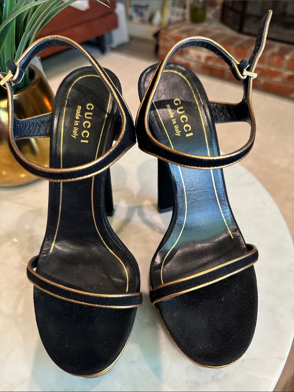 Gucci Black Suede Heeled Slingback Sandals with Gold Piping